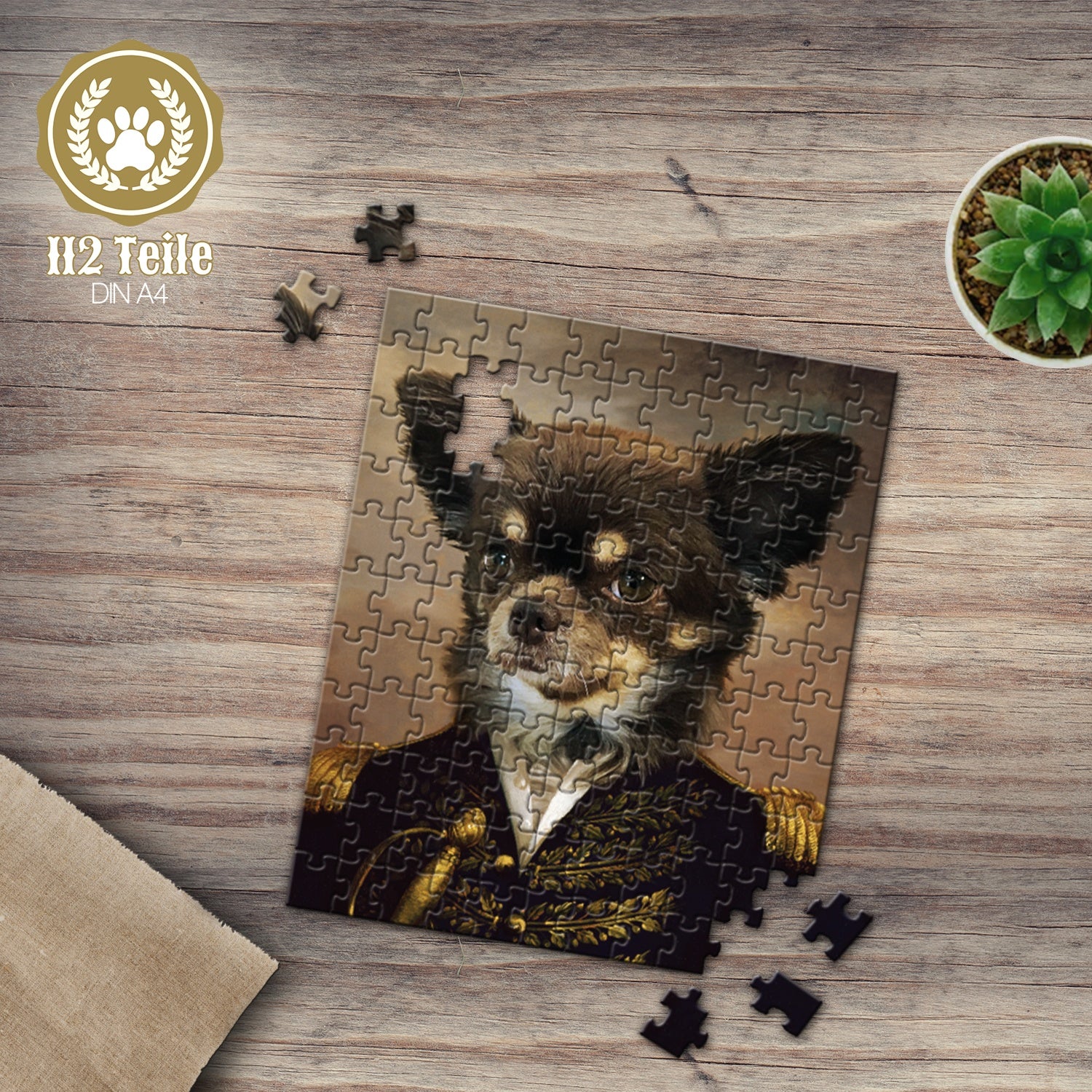 Hund als Foto Puzzle auf einem Tisch neben Kaffee