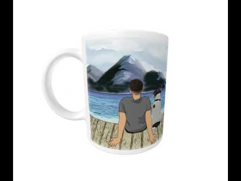 Tasse mit Hund und Mensch am Steg