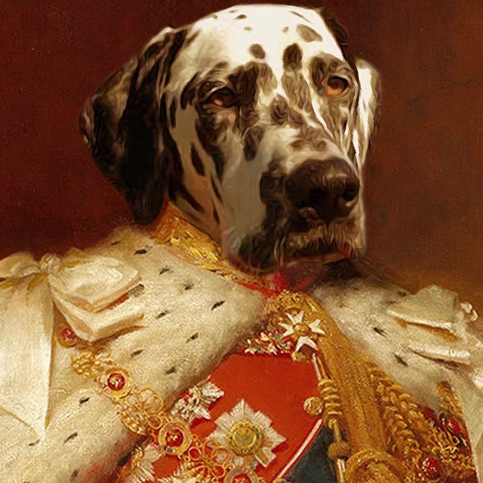 Gemälde eigener Hund König im Anzug