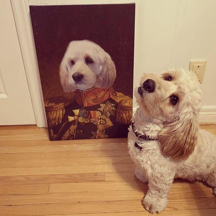 Hund hat ein Bild von sich gemalt bekommen