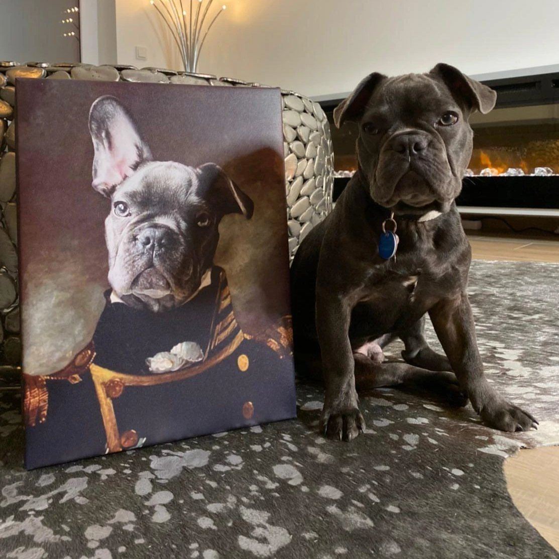 frenchie sitzt neben seinem großen Haustierporträt auf Leinwand