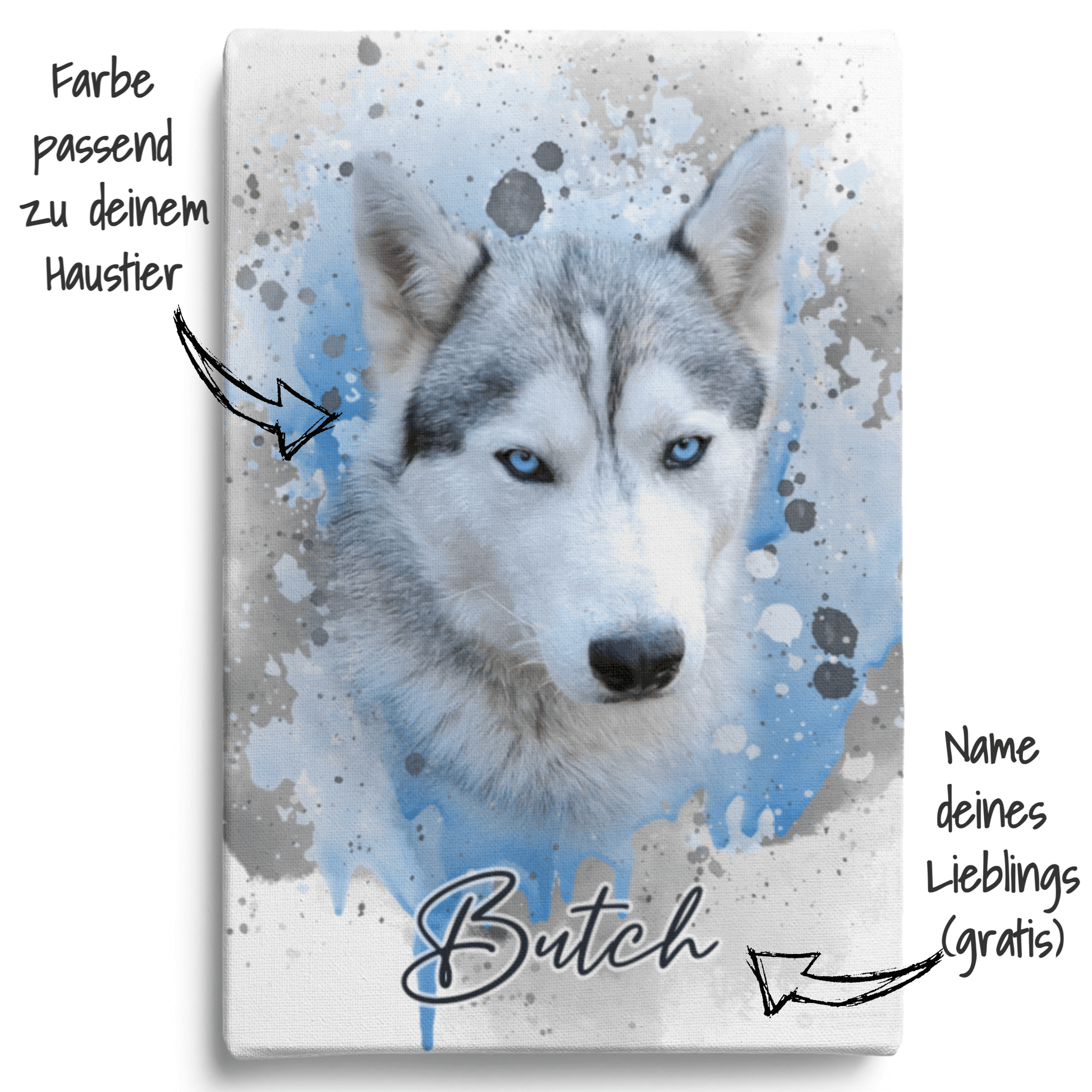 Portrait Wasserfarben von Husky mit Namen